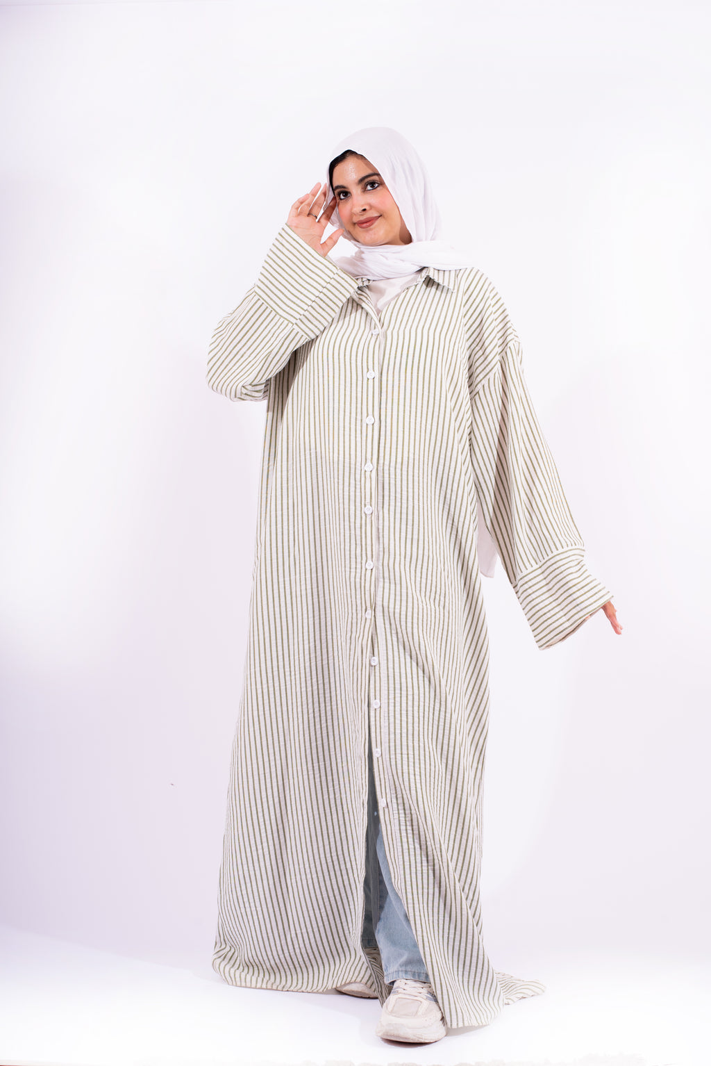 شميز طويل مقلم زيتي