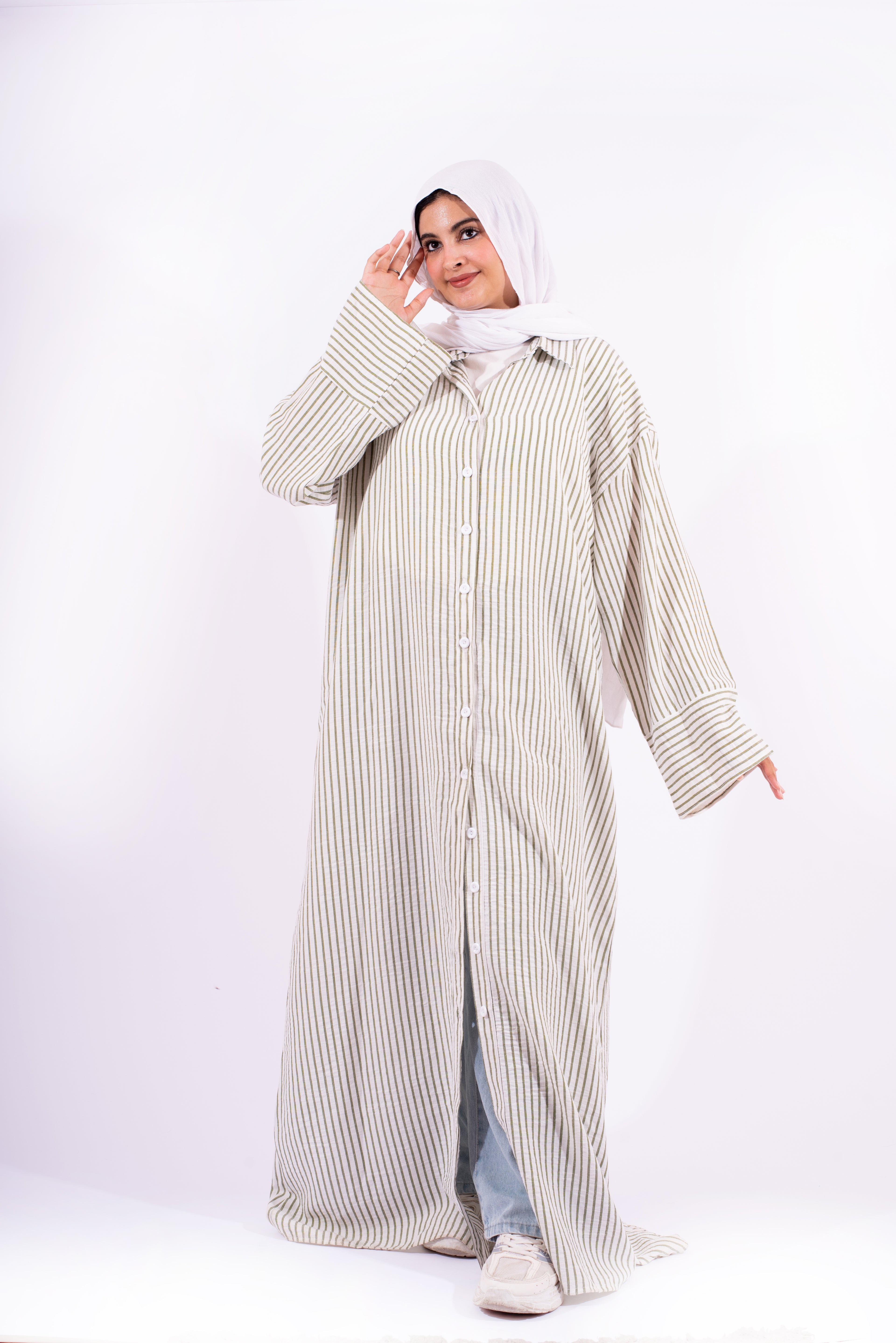 شميز طويل مقلم زيتي