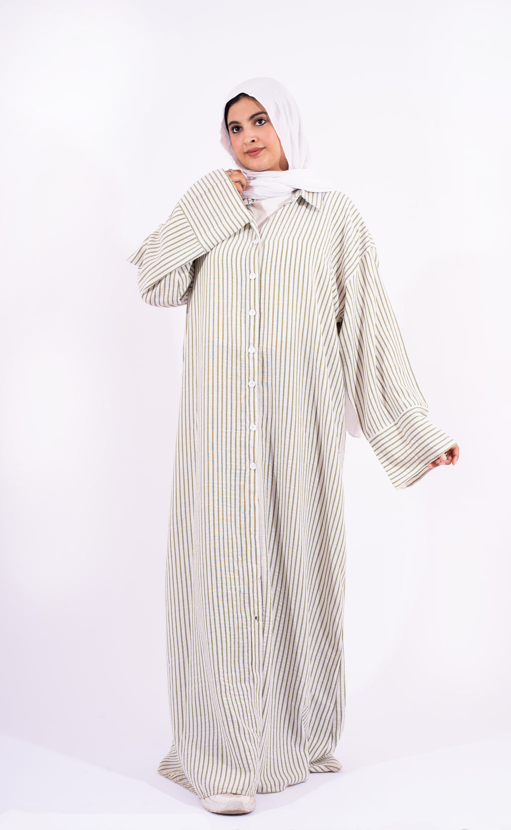 شميز طويل مقلم زيتي