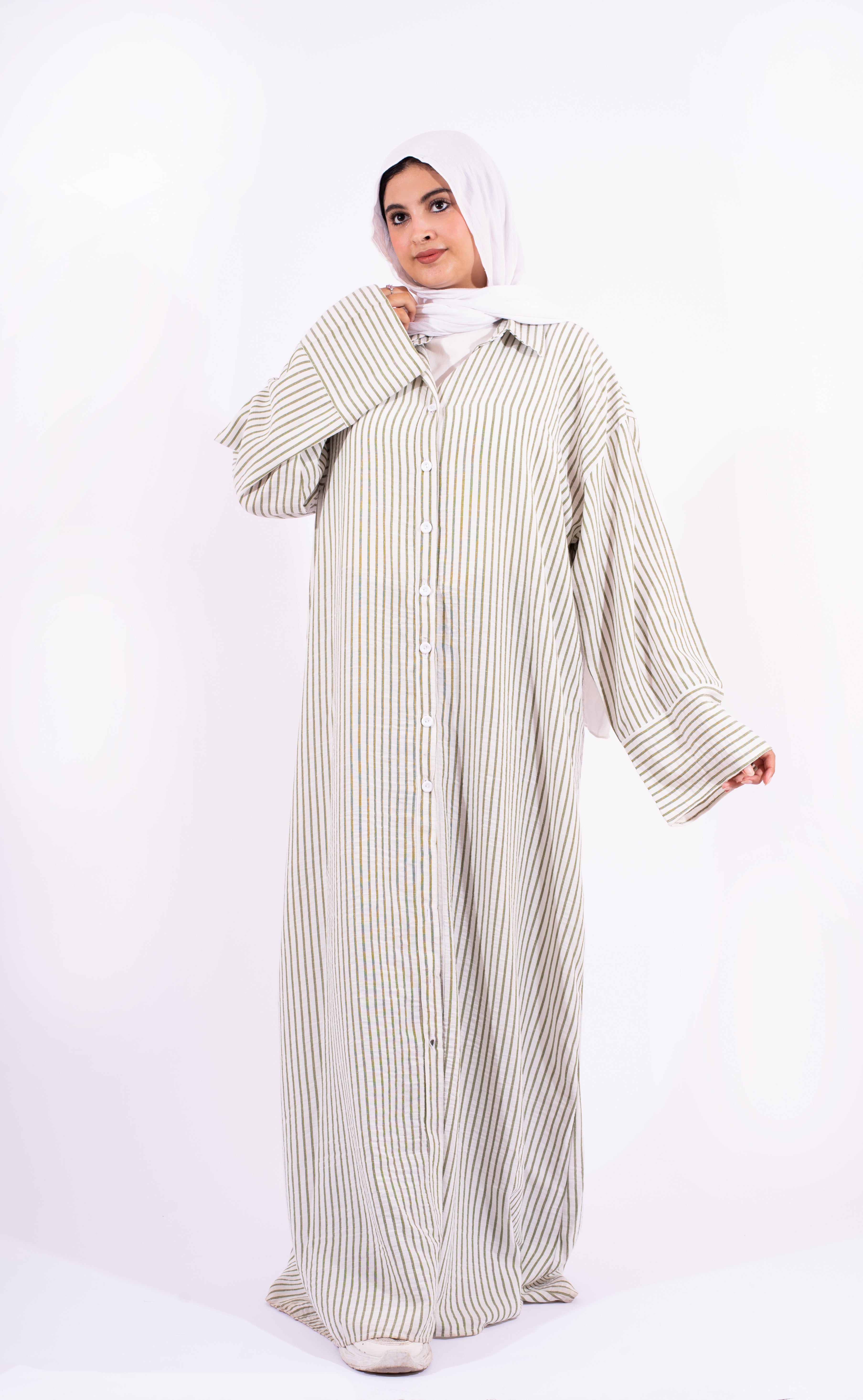 شميز طويل مقلم زيتي