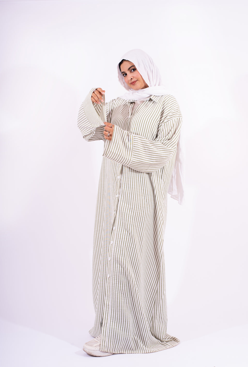 شميز طويل مقلم زيتي