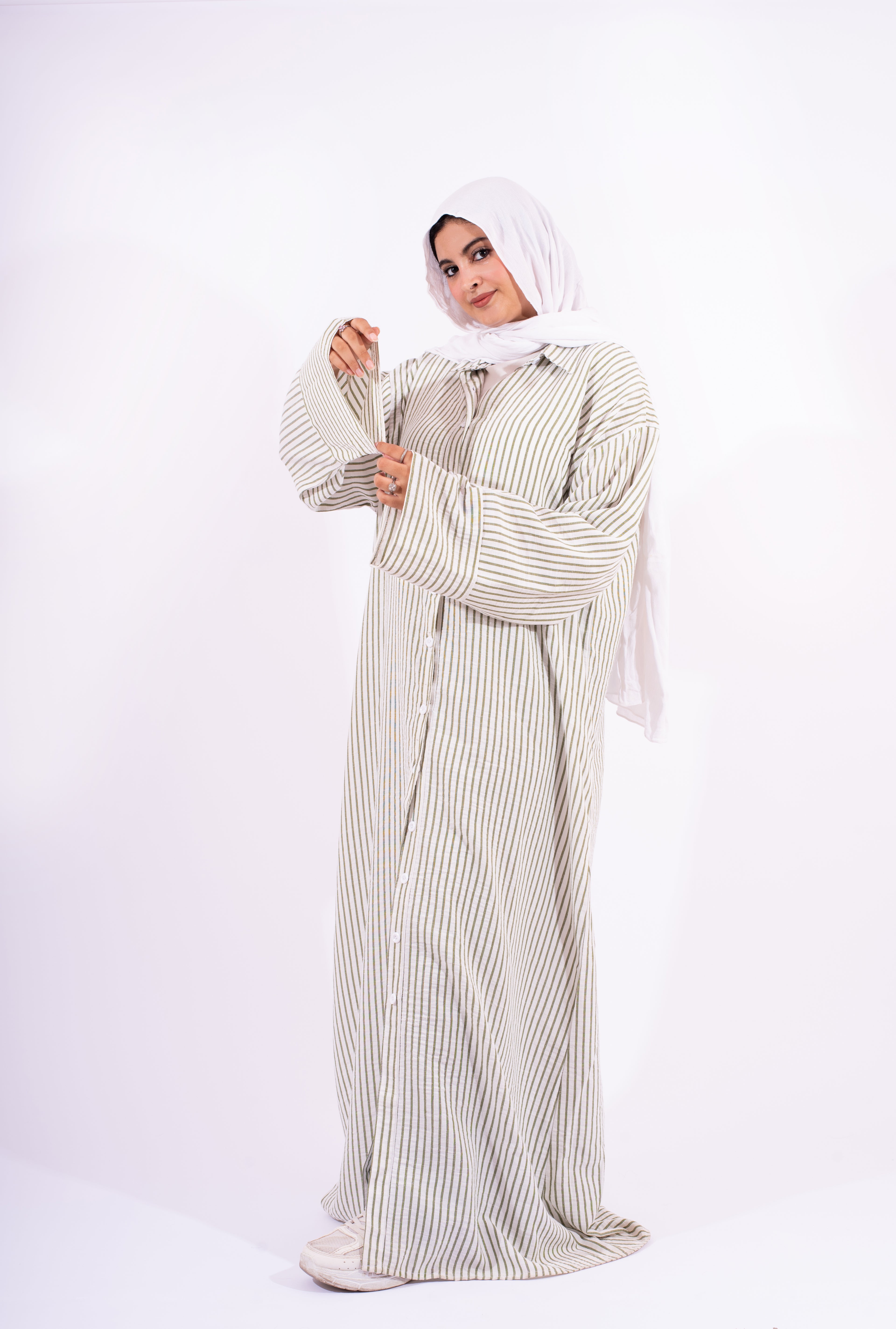 شميز طويل مقلم زيتي