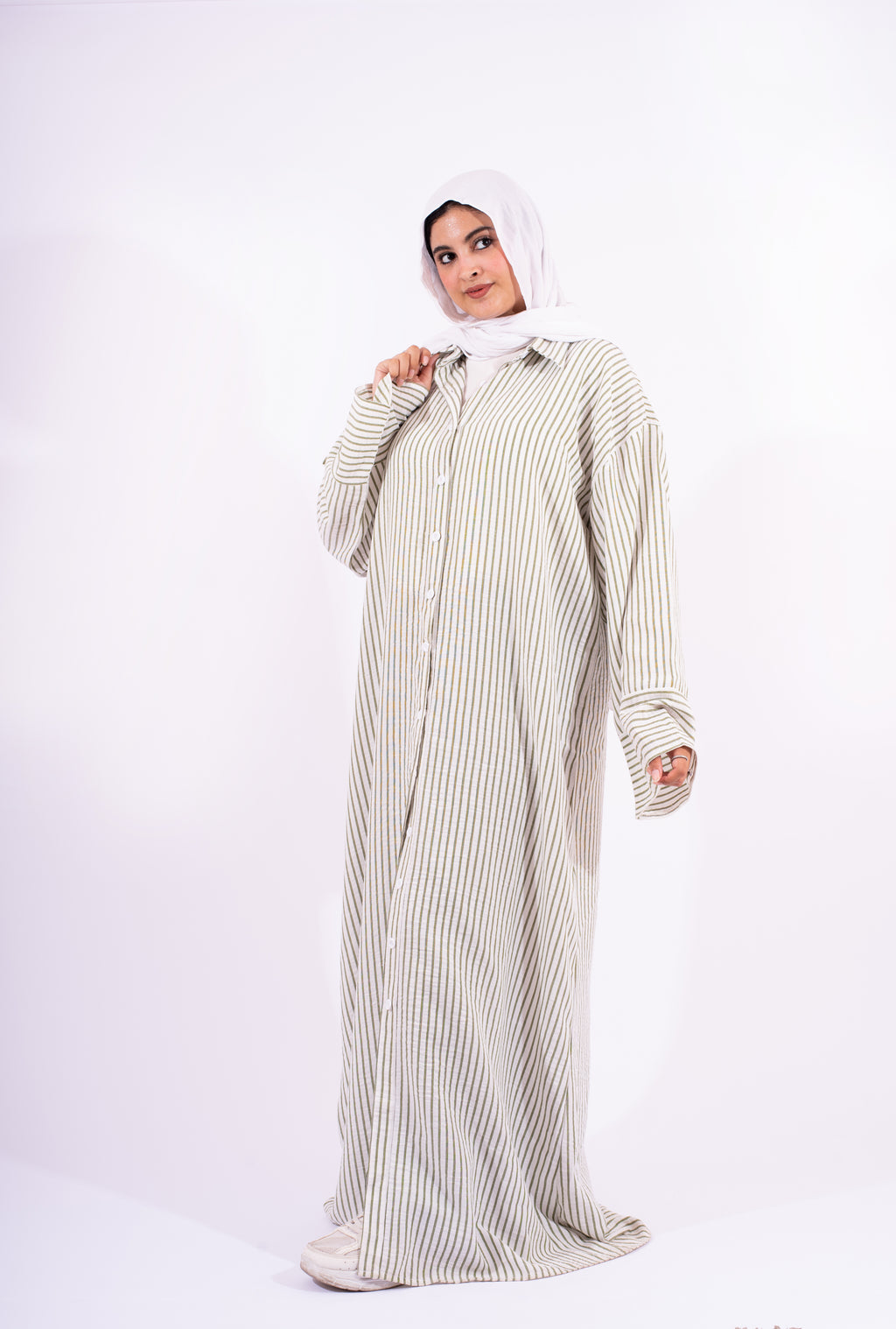 شميز طويل مقلم زيتي